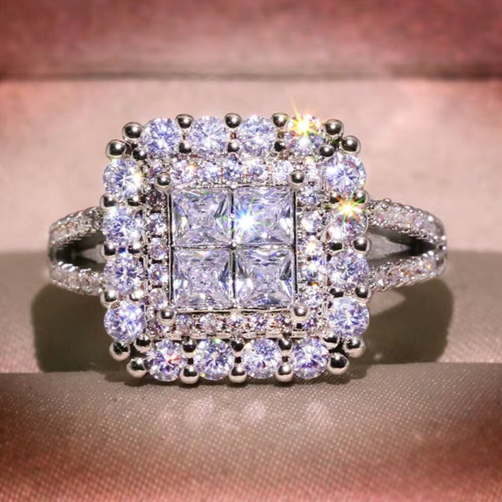 NEW 925 Sterling Silver Diamond Halo Square Ring